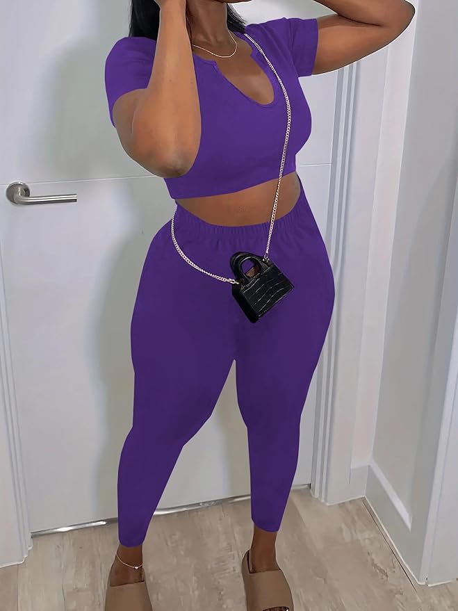 Nimsruc 2 Piece Sets For Women Sexy Casual Workout Crop Short Sleeve Long pants Leggings Sets Summer Active Wear