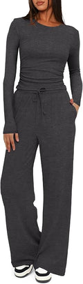 Darong Women's 2 Piece Outfits Lounge Sets 2026 Long Sleeve Tops Wide Leg Pants Casual Matching Set
