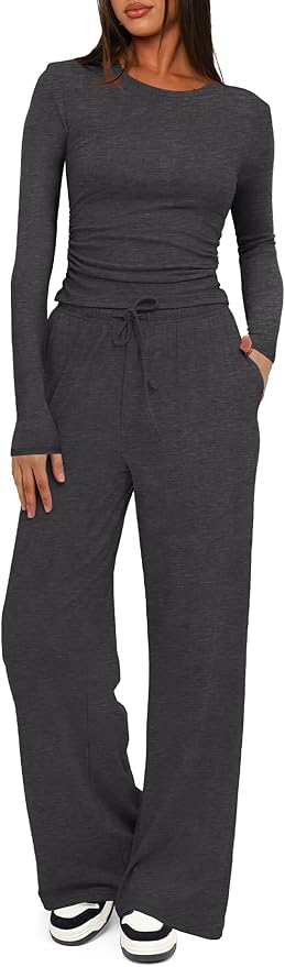 Darong Women's 2 Piece Outfits Lounge Sets 2026 Long Sleeve Tops Wide Leg Pants Casual Matching Set