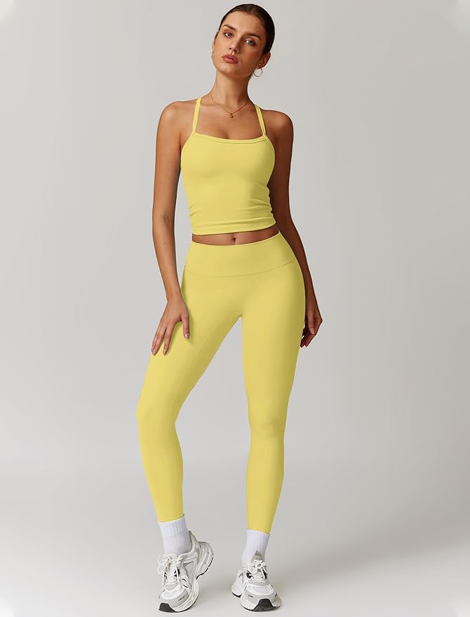 QBGJTD Womens Workout Sets Two Piece Cross Back Tank Top Matching High Waist Leggings Sets Gym Outfits Work Out Clothes