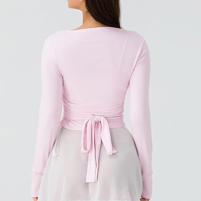 Women Wrap Top Thumb Hole Long Sleeve Self Tie Workout Shirt Pilates Ballet Yoga Tops