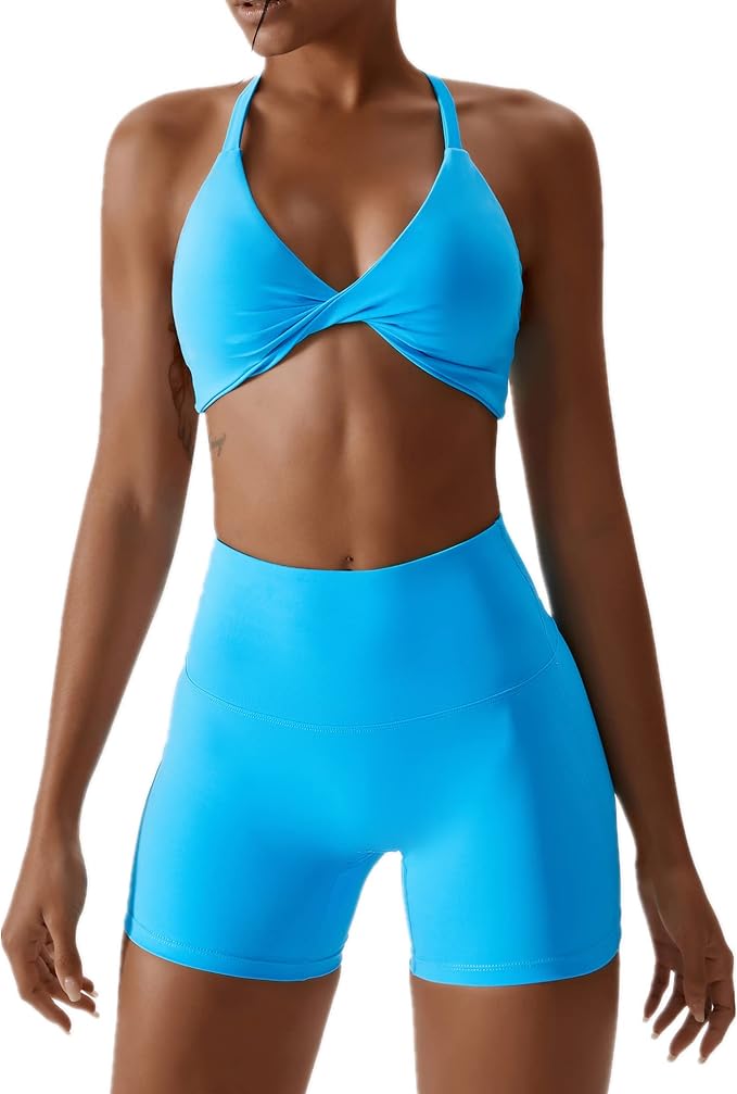 ABOCIW Workout Sets for Women 2 Piece Twist Front Halter Sports Bras High Waist Biker Shorts Exercise Gym Yoga Outfit