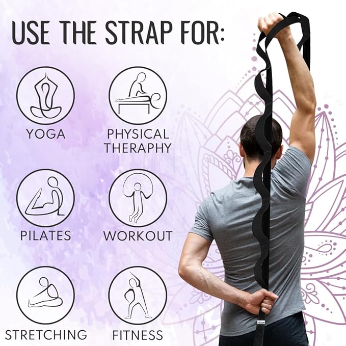 TECEUM Stretching Strap for Yoga & Physical Therapy – 10 Loops – Non-elastic Leg Stretch Straps for Stretching, Exercising, Pilates, Post-injury Rehabilitation for All Levels – Men & Women