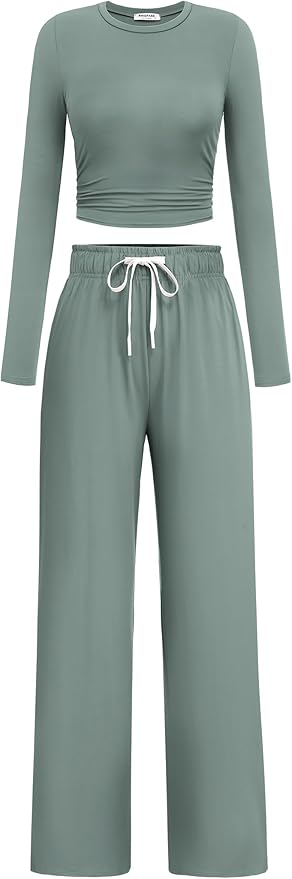 PINSPARK Women 2 Piece Lounge Set Long Sleeve Cropped Top Wide Leg Pants with Pockets 2024 Fall Outfits Matching Tracksuit