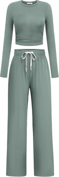 PINSPARK Women 2 Piece Lounge Set Long Sleeve Cropped Top Wide Leg Pants with Pockets 2024 Fall Outfits Matching Tracksuit