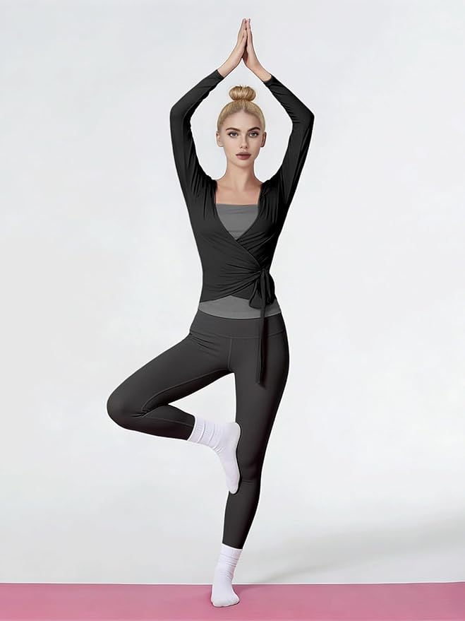 Women Pilates Wrap Top Ballet Tie Workout Shirt Long Sleeve Cross Sexy Deep V Neck Yoga Coquette Blouses Y2k Active Gym