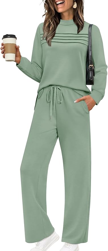 WIHOLL Two Piece Sets for Women Spring Travel Vacation Outfits 2026 Long Sleeve Lounge Sets Side Slit Wide Leg Pants S-3XL