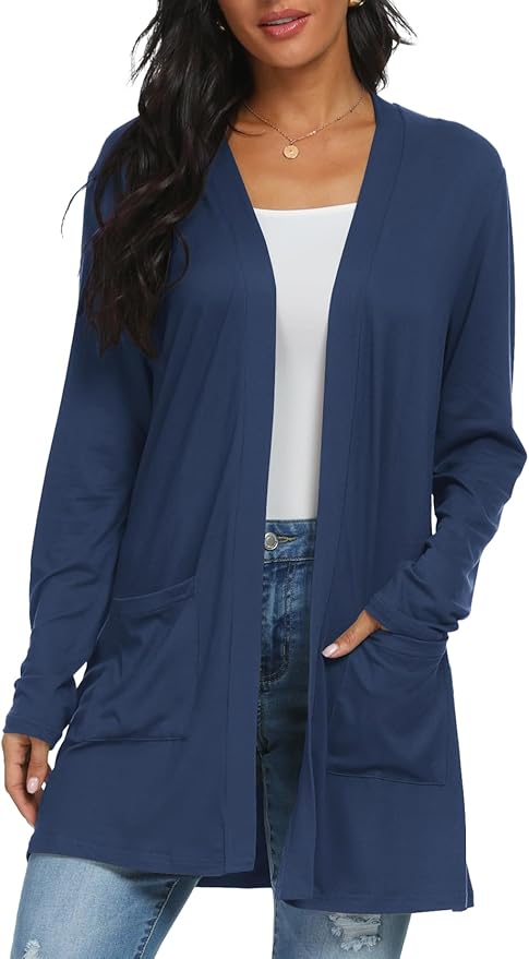 Womens Casual Lightweight with Pocketes Long Sleeve Open Front Cardigan
