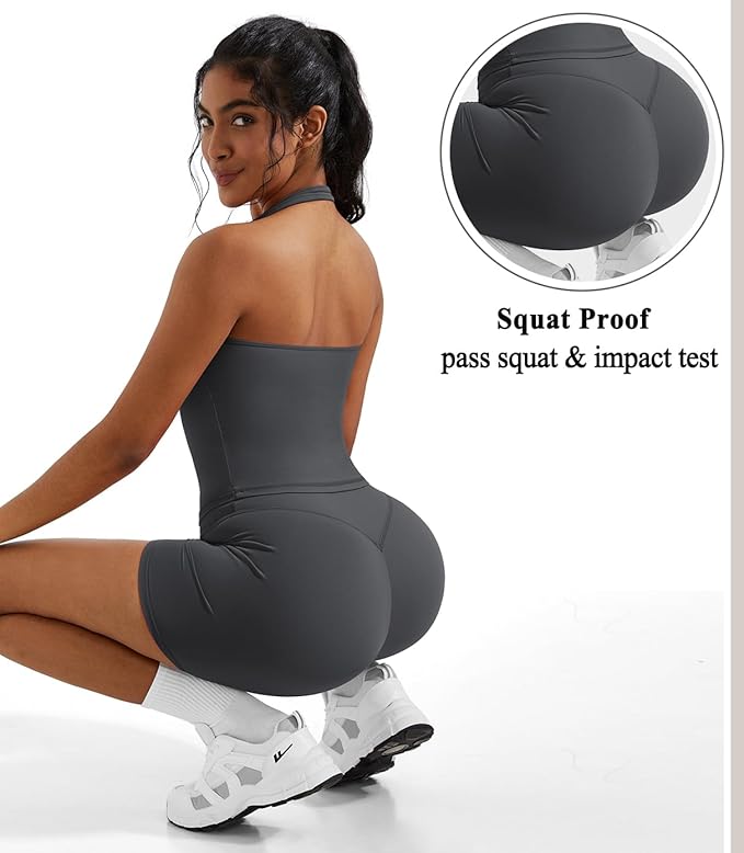 OMKAGI 2 Piece Workout Sets for Women Halter Sports Bra Tank Gym Biker Shorts Outfits