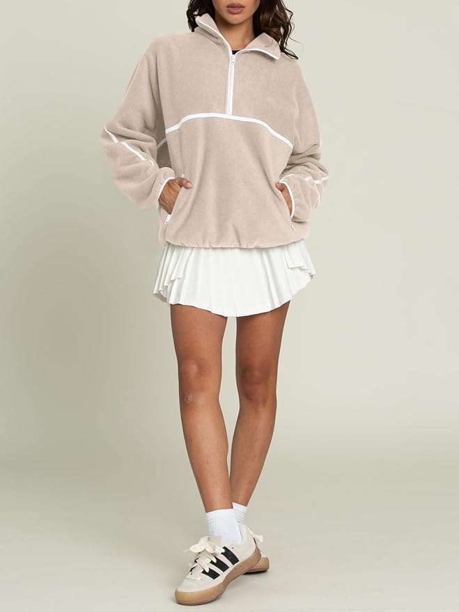 LASLULU Womens Half Zip Pullover Sweatshirt Sherpa Fleece Jacket Oversized Sweatshirts Warm Fuzzy Sweaters Pockets