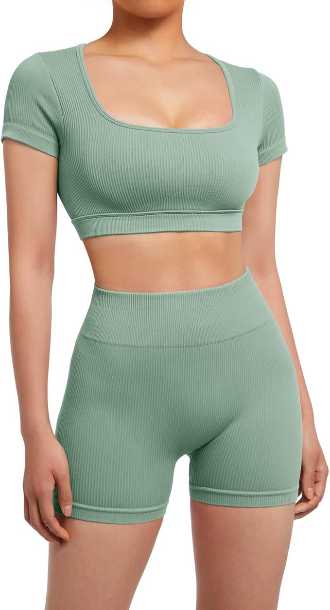 SUUKSESS Womens Workout Sets Open Back Gym Sets Woman Yoga Pilates Crop Tank High Waisted Bike Shorts