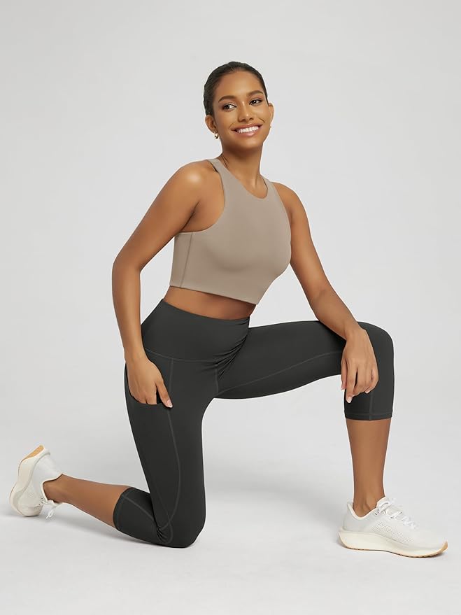 ODODOS Women's High Waisted Yoga Capris with Pockets, Tummy Control Non See Through Workout Athletic Running Capri Leggings