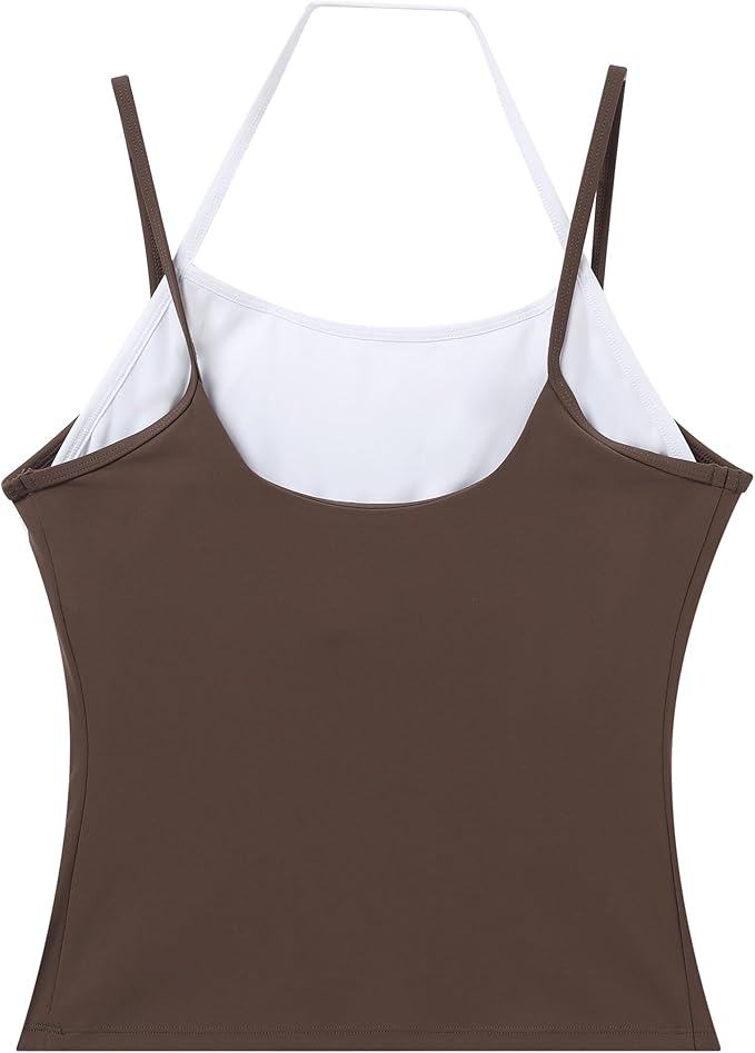 OMKAGI Halter Workout Tank Tops for Women Built in Bra Cute Layer Longline Sports Bras