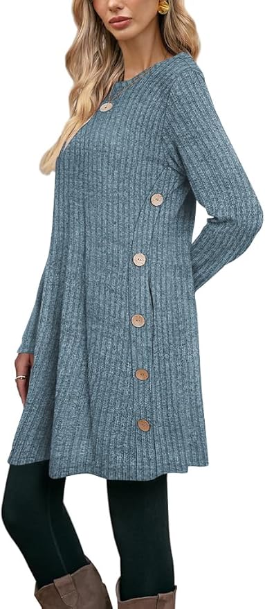 Poetsky Women Long Sleeve Tunic Tops to Wear with Leggings Side Buttons Long Shirts Rib Sweater Dress with Pockets S-3XL