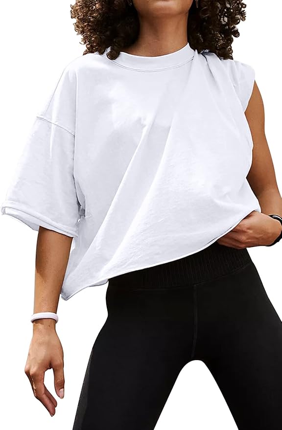 Women's Oversize Workout Crop Tops Casual Short Sleeve Drop Shoulder Boxy T-Shirts Roll Hem Basic Loose Yoga Running Tees