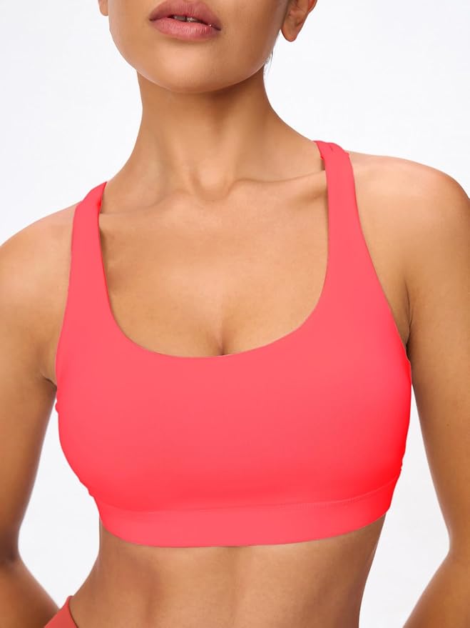 Women's Strappy Sports Bras Light Compression Crop Criss Cross Back Padded Workout Yoga Bra Supportive U Neckline