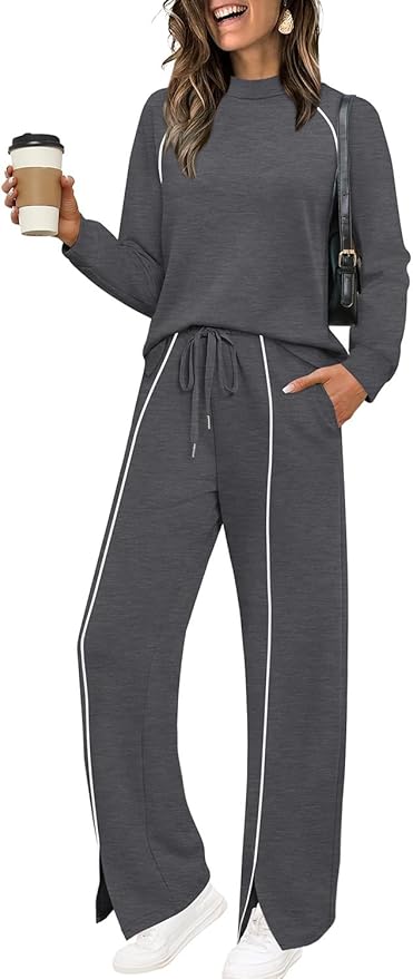 WIHOLL Lounge Sets for Women 2 Piece Fall Outfits 2025 Wide Leg Pant Matching Sets Womens Clothing