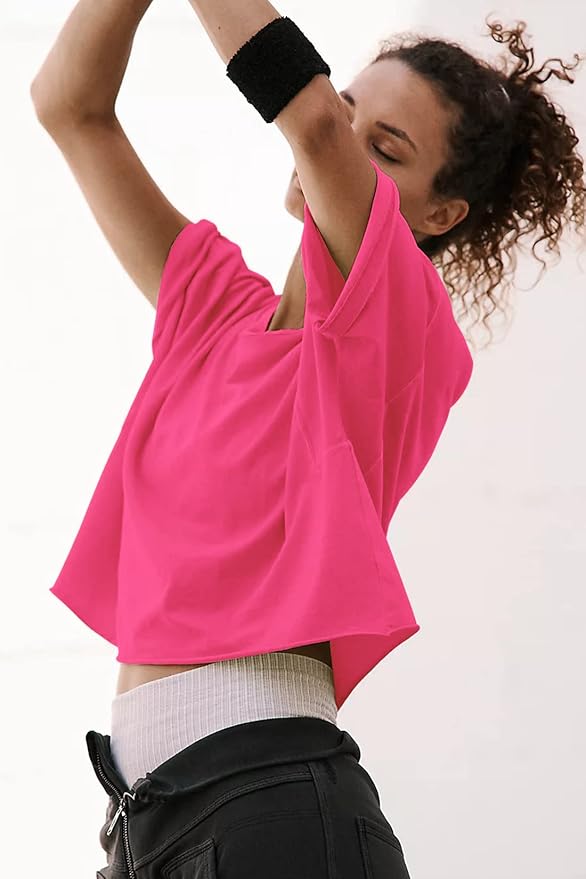 Women's Oversize Workout Crop Tops Casual Short Sleeve Drop Shoulder Boxy T-Shirts Roll Hem Basic Loose Yoga Running Tees