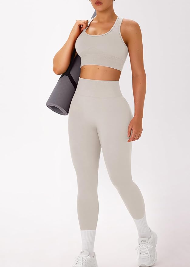 OLCHEE Womens Workout Sets 2 Piece - Acid Wash Seamless Yoga Outfits High Waist Leggings Padded Racerback Sports Bra Gym Set