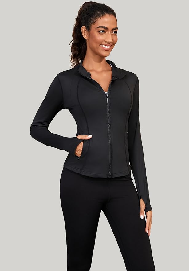Bosmeer Workout Jackets for Women Lightweight Zip Up Slim Fit Yoga Sportwear Stretchy Crooped Running Jacket with Thumb Holes