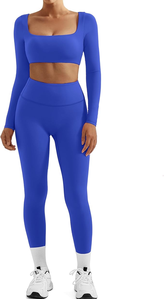 SUUKSESS Women 2 Piece Workout Sets Compression Tummy Control Leggings with Pockets Long Sleeve Square Neck Padded Crop Tops