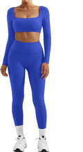SUUKSESS Women 2 Piece Workout Sets Compression Tummy Control Leggings with Pockets Long Sleeve Square Neck Padded Crop Tops