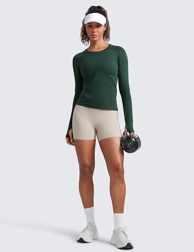 CRZ YOGA Seamless Long Sleeve Shirts for Women Waist Length - Workout Athletic Running Gym Yoga Tops Crewneck Breathable