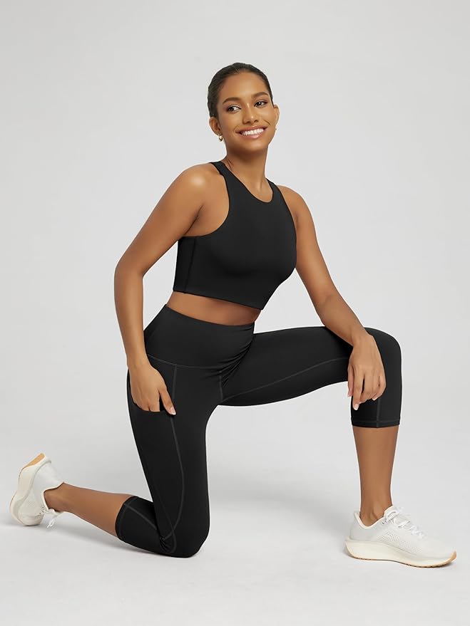 ODODOS Women's High Waisted Yoga Capris with Pockets, Tummy Control Non See Through Workout Athletic Running Capri Leggings