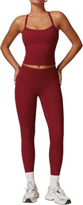 QBGJTD Womens Workout Sets Two Piece Cross Back Tank Top Matching High Waist Leggings Sets Gym Outfits Work Out Clothes