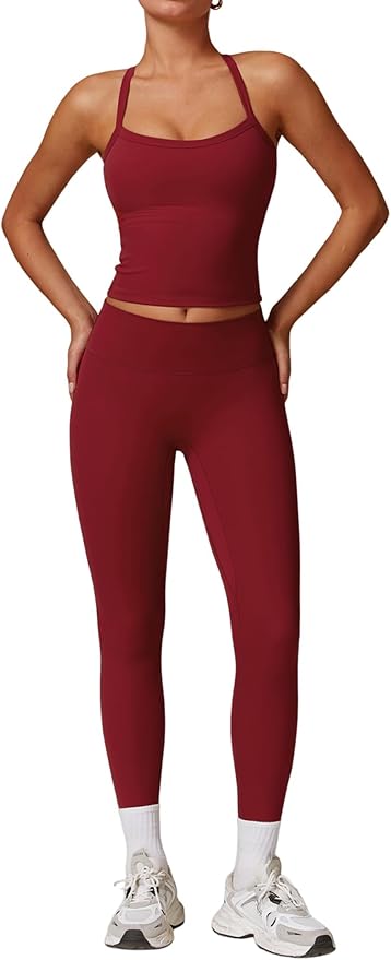 QBGJTD Womens Workout Sets Two Piece Cross Back Tank Top Matching High Waist Leggings Sets Gym Outfits Work Out Clothes