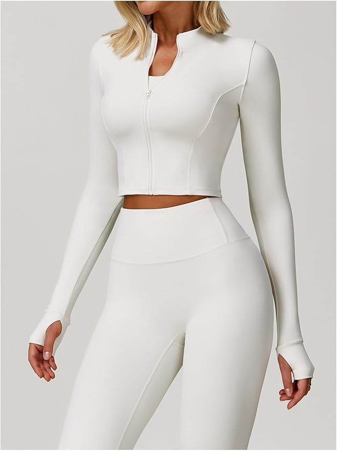 Yknktstc Womens Full Zip Athletic Jacket with Thumbhole Long Sleeve Crop Top Running Workout Yoga Sportswear Shirt