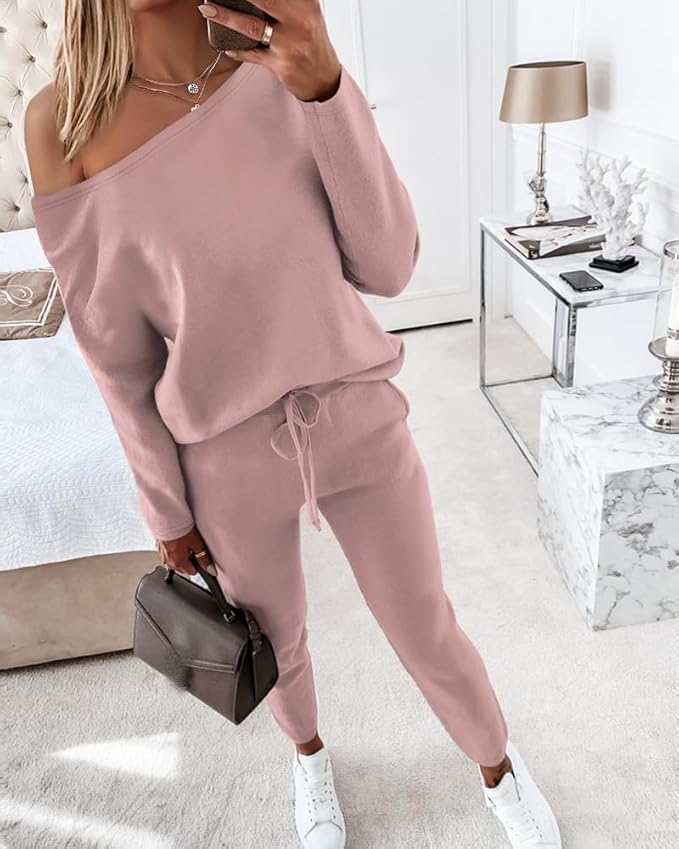 CHICME Women Tracksuit Fall 2 piece Outfits Off The Shoulder Long Sleeve Tops and Pants Set Travel Outfits