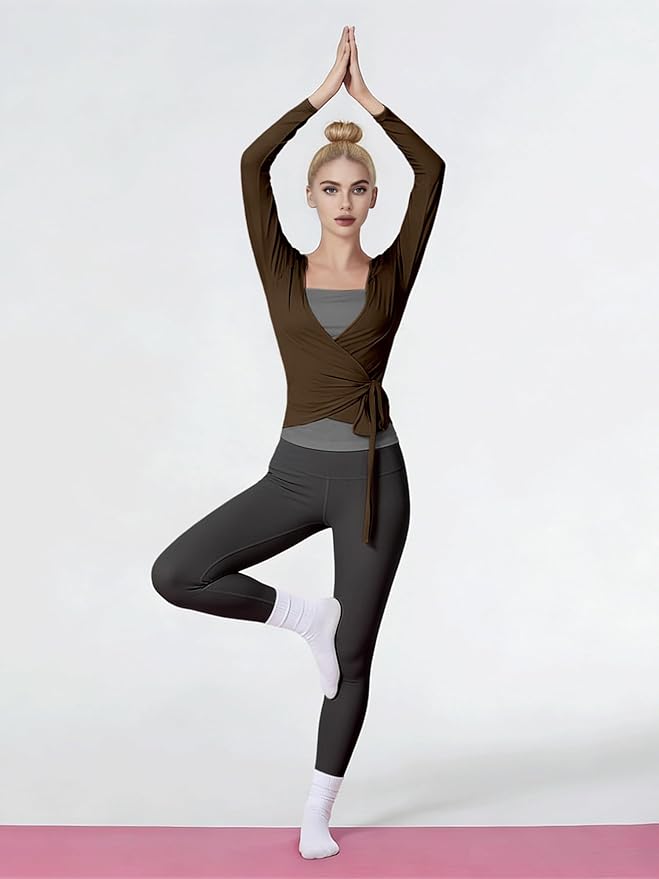 Women Pilates Wrap Top Ballet Tie Workout Shirt Long Sleeve Cross Sexy Deep V Neck Yoga Coquette Blouses Y2k Active Gym