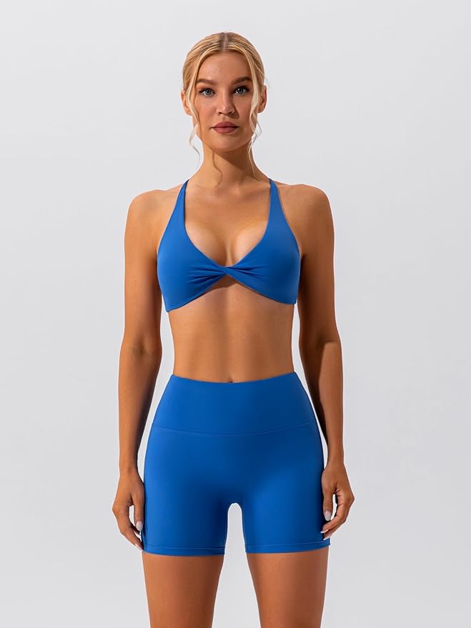 ABOCIW Workout Sets for Women 2 Piece Twist Front Halter Sports Bras High Waist Biker Shorts Exercise Gym Yoga Outfit