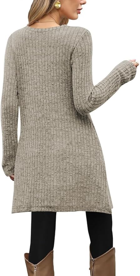 Poetsky Women Long Sleeve Tunic Tops to Wear with Leggings Side Buttons Long Shirts Rib Sweater Dress with Pockets S-3XL