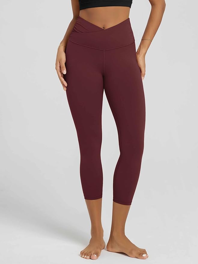 ODODOS Women's Cross Waist Yoga Leggings with Inner Pocket, 23"/25"/28" Gathered Crossover Workout Yoga Pants