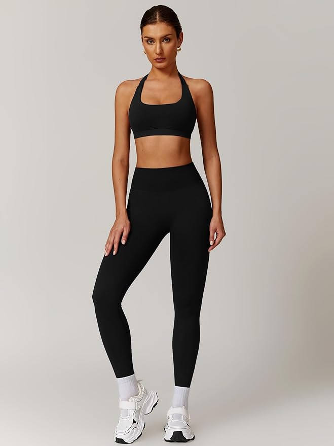 ABOCIW Workout Sets for Women Seamless Scunch Butt Lifting Impact Leggings Halter Sports Bra 2 Piece Gym Outfits