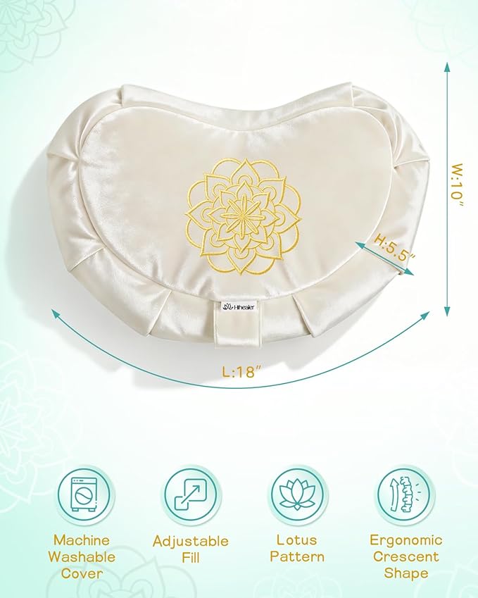 Hihealer Premium Meditation Cushion - Comfortable Floor Pillow for Adult Traditional Crescent Meditation Pillow Yoga Buckwheat Bolster (Cream)