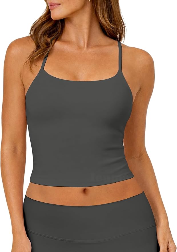 Ieumaz Strappy Crop Top for Women Scoop Neck Longline Gym Workout Sports Bras Built in Removable Pads Yoga Camisole Tank Top