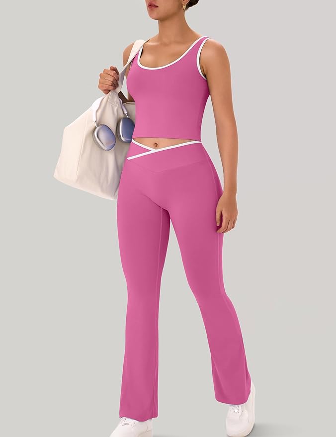 OLCHEE Womens Workout Sets 2 Piece Gym Yoga Outfits Crossover Flare Leggings Crop Tank Top with Contrast Trim