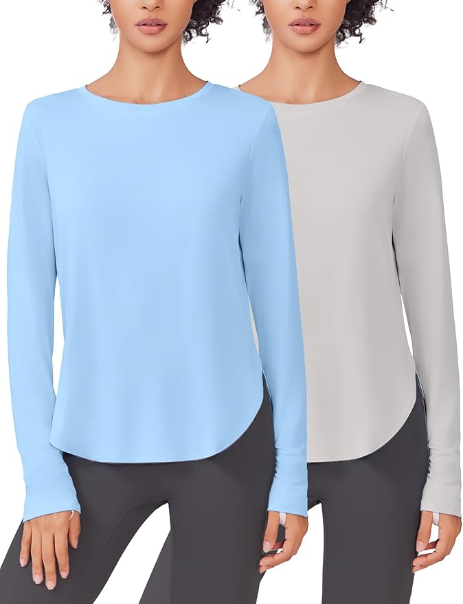PINSPARK 2 Pack Long Sleeve Workout Tops for Women UV Protection Soft Workout Tops Lightweight Athletic Running Hiking Shirt