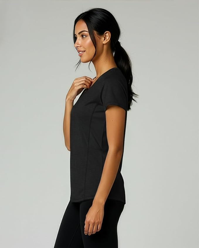 Real Essentials 5 Pack: Women's Dry-Fit Short Sleeve V Neck T Shirt Workout Fitness Yoga Top Tee (Available in Plus Size)