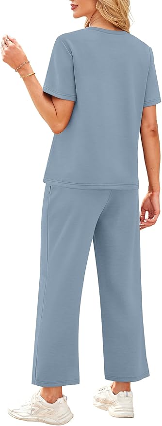 WIHOLL 2 Piece Sets for Women Casual Summer Travel Vacation Outfits Short Sleeve Wide Leg Crop Pants Lounge Sets