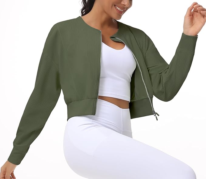 THE GYM PEOPLE Women's Cropped Jackets Full Zip Long Sleeve Ribbed Workout Sweatshirts Lightweight Casual Tops