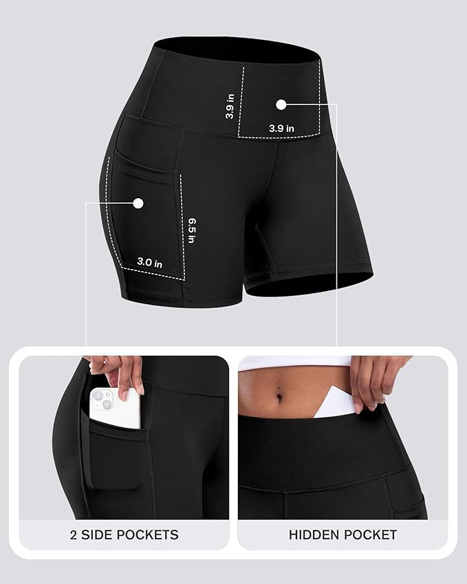 CHRLEISURE Womens Biker Yoga Shorts with Pocket, High Waisted Tummy Control 5 Inch Workout Spandex Athletic Gym Shorts