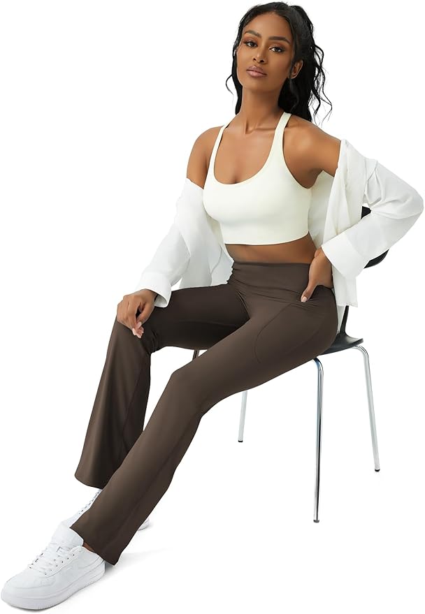 COPYLEAF Womens Yoga Pants with Pockets High Waisted Flare Leggings Bell Bottom Yoga Dress Pants Seamless Bootcut Pants