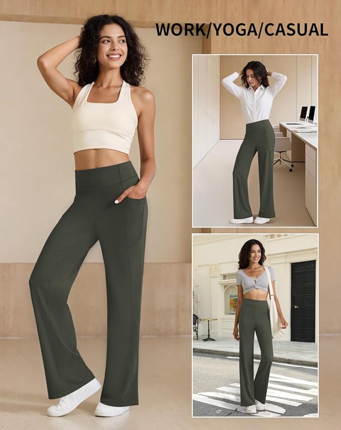Womens High Waist Yoga Pants Stretchy Casual Trousers Straight Leg Pull On Side Pockets