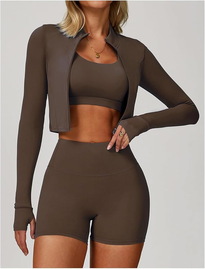 Yknktstc Womens Full Zip Athletic Jacket with Thumbhole Long Sleeve Crop Top Running Workout Yoga Sportswear Shirt