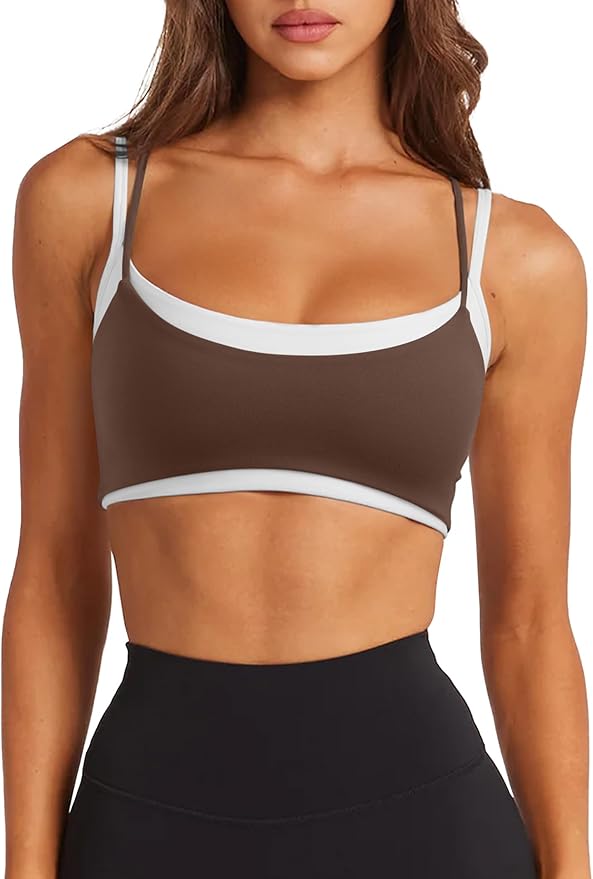 LASLULU Womens Double Layered Sports Bra Adjustable Spaghetti Straps Sexy Scoop Neck Wireless Padded Workout Yoga Crop Tops