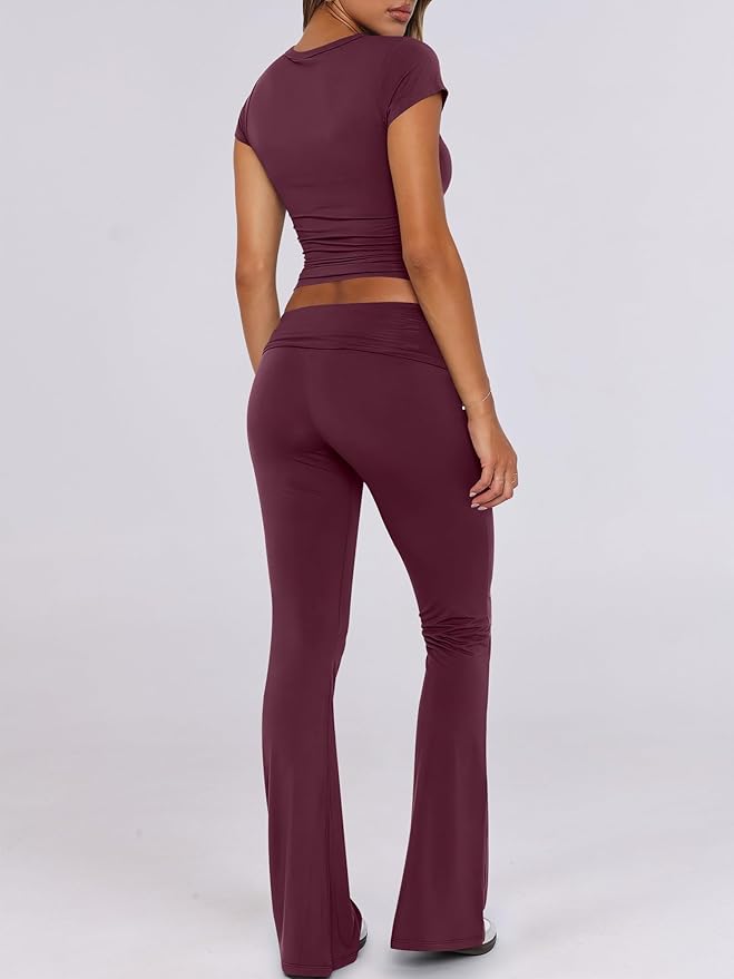 ANRABESS Lounge Sets for Women 2 Piece Foldover Yoga Flare Leggings Pants Crop Tops Casual Y2K Outfits Matching Tracksuit Set